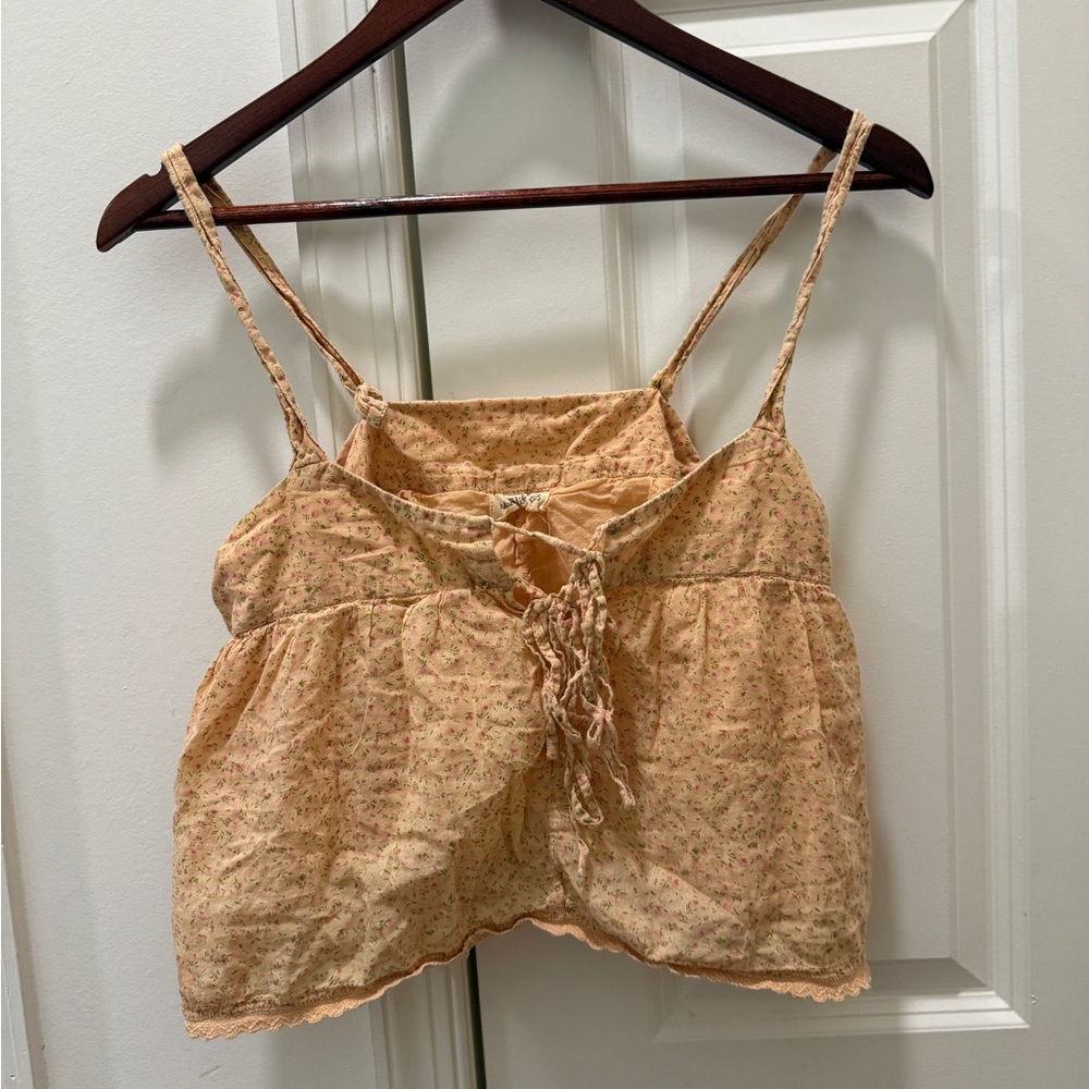 NATURAL LIFE 100% cotton Floral Tan cropped, bohemian-style tank top 2 ties XS/S